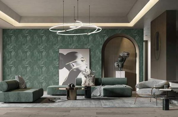 Luxury living room with a geometric wallpaper background