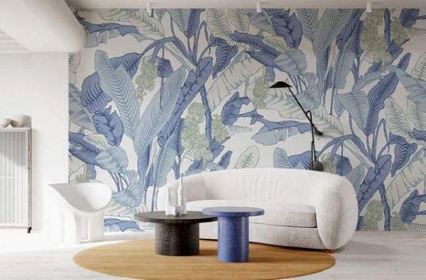 Living room with a rural style mural background