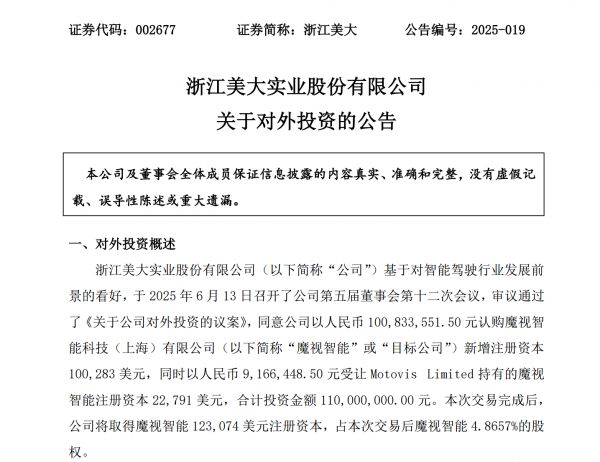 浙江美大投資魔視智能