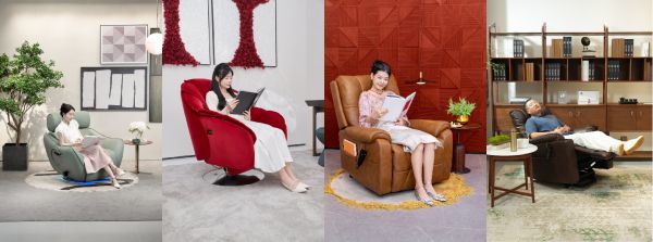 從左至右分別為「青鸞智能椅」「國(guó)色天香智能椅」「媽媽的沙發(fā)」「爸爸的沙發(fā)」