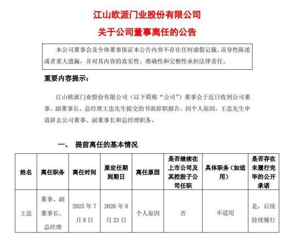 江山歐派高管變動圖片