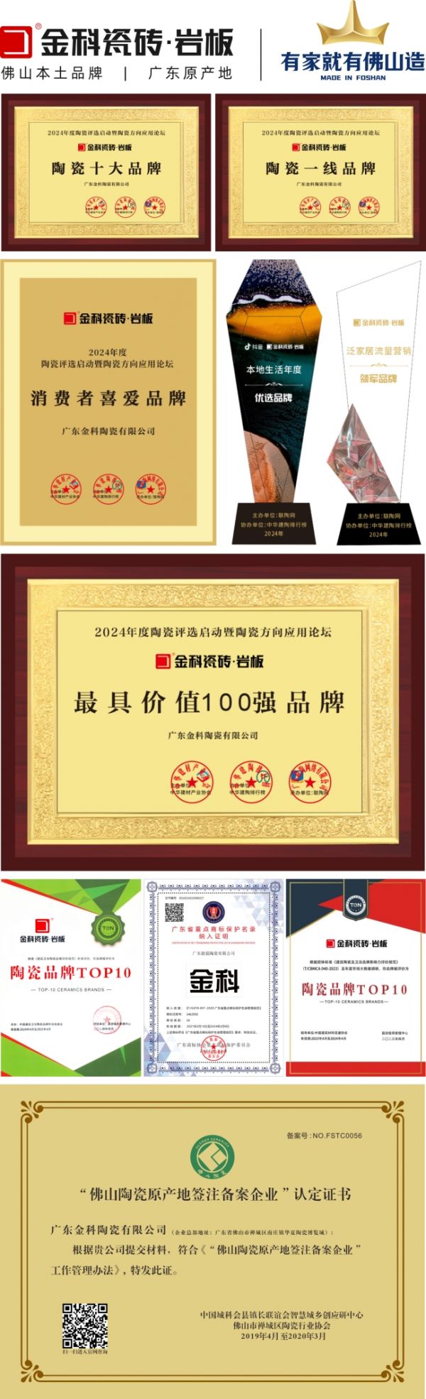 金科瓷砖荣誉证书图片