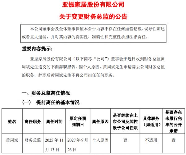 亚振家居财务总监变动