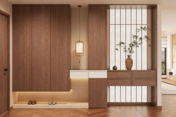 悬浮定制鞋柜和栅格屏风