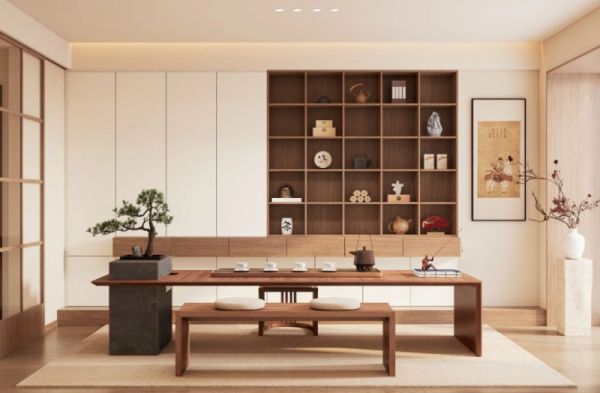 内嵌整墙茶柜和古意长茶桌