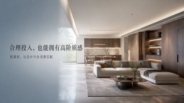 这是一张现代简约风格的客餐厅一体化空间效果图。画面主体为米白色L型布艺沙发，搭配深色椭圆形岩板茶几和浅灰色地毯。背景采用深木色定制柜体与开放式厨房设计，嵌入式暖