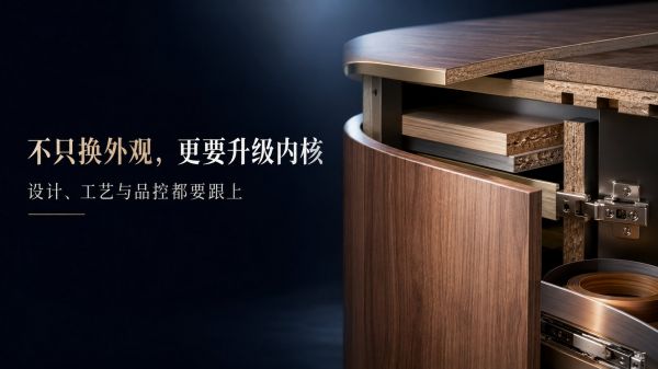 深暗背景下展示高品质定制家具剖面结构，主体为深色木纹饰面柜体，内部采用颗粒板基材，边缘辅以精致金属封边。特写镜头清晰呈现厚实金属铰链与滑轨五金，凸显精湛工艺与稳