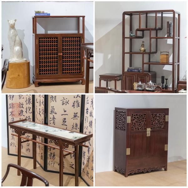 古森红木两套作品均以国标红木绒毛黄檀为根基,将传统榫卯工艺与现代茶居美学深度融合